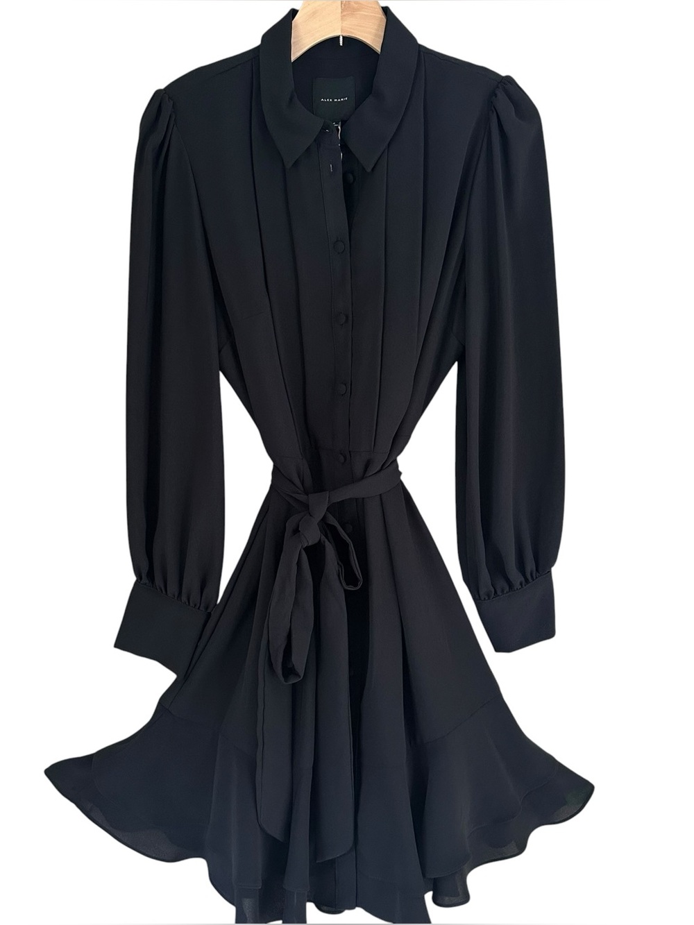 Alex Marie Jesse Black Pleated Ruffle Hem Long Sleeve Belted Shirt Dress 8 NWT